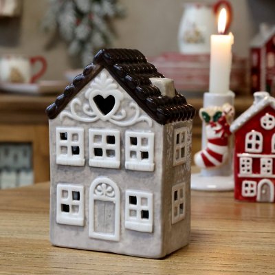 Ljuslykta Hus Chamonix Fransk Grå & Mocca, 15 cm – Chic Antique